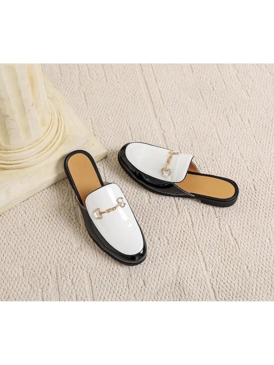 Men\'s White Rubber Velvet Patent Leather Gold Buckle Slip On Loafer Slippers